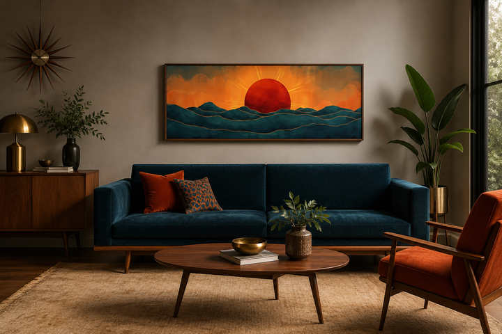 Panoramic mid-century modern wall art of a red sun setting over navy blue ocean waves.