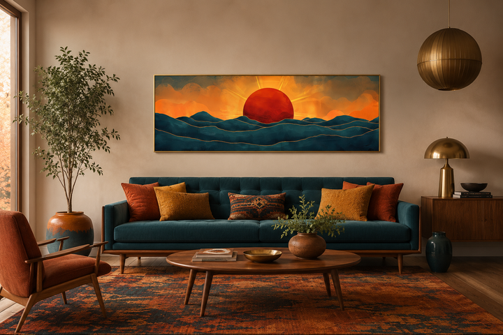 Panoramic mid-century modern wall art of a red sun setting over navy blue ocean waves.