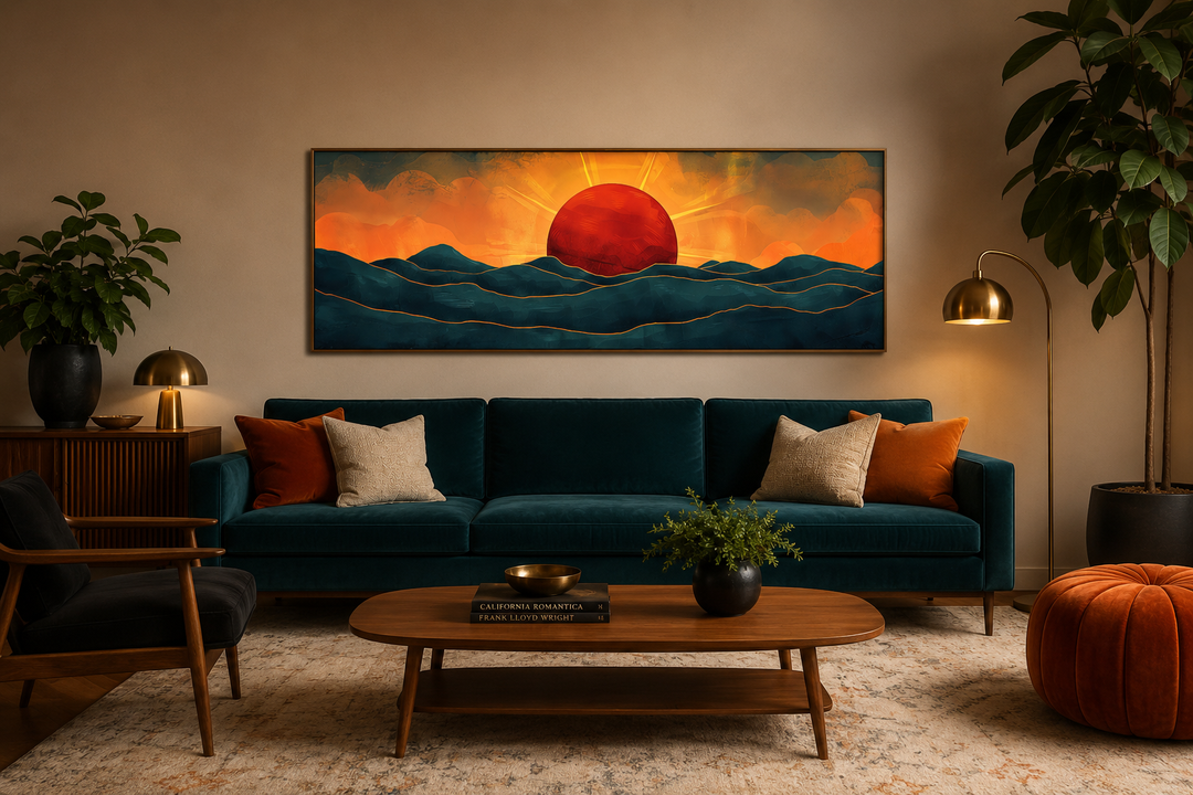 Panoramic mid-century modern wall art of a red sun setting over navy blue ocean waves.
