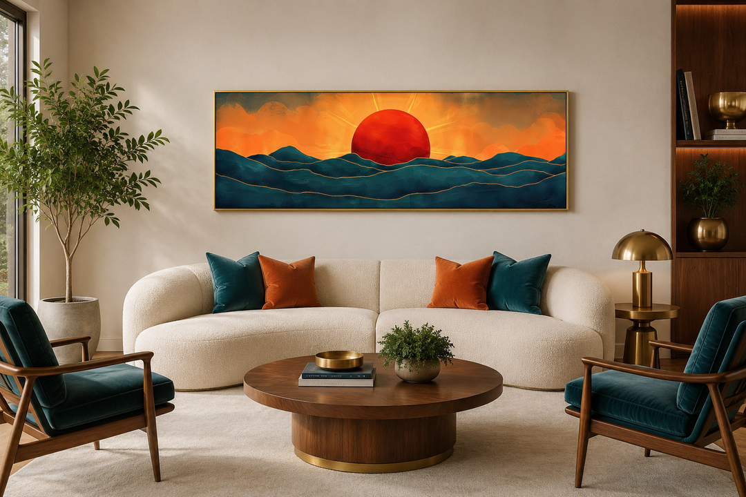 Panoramic mid-century modern wall art of a red sun setting over navy blue ocean waves.