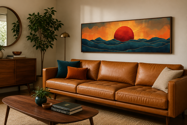 Panoramic mid-century modern wall art of a red sun over navy ocean waves above a leather sofa.