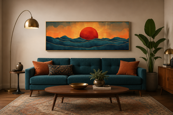 Mid-century modern panoramic wall art of a red sun setting over navy blue ocean waves.