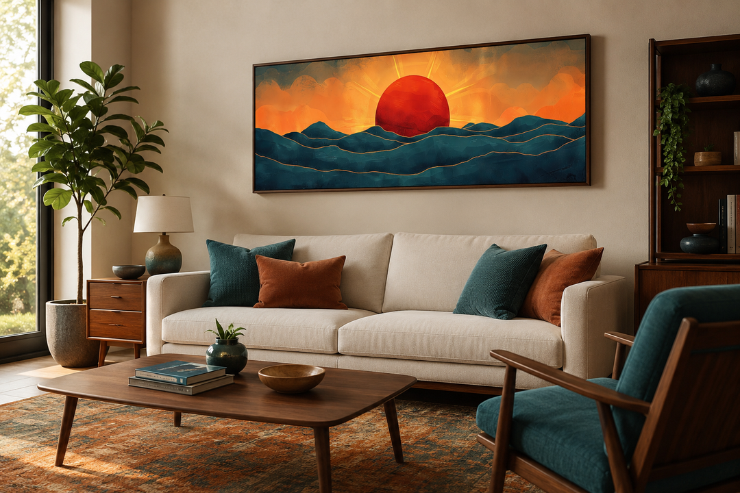 Panoramic mid-century modern wall art of a red sun setting over navy blue ocean waves.