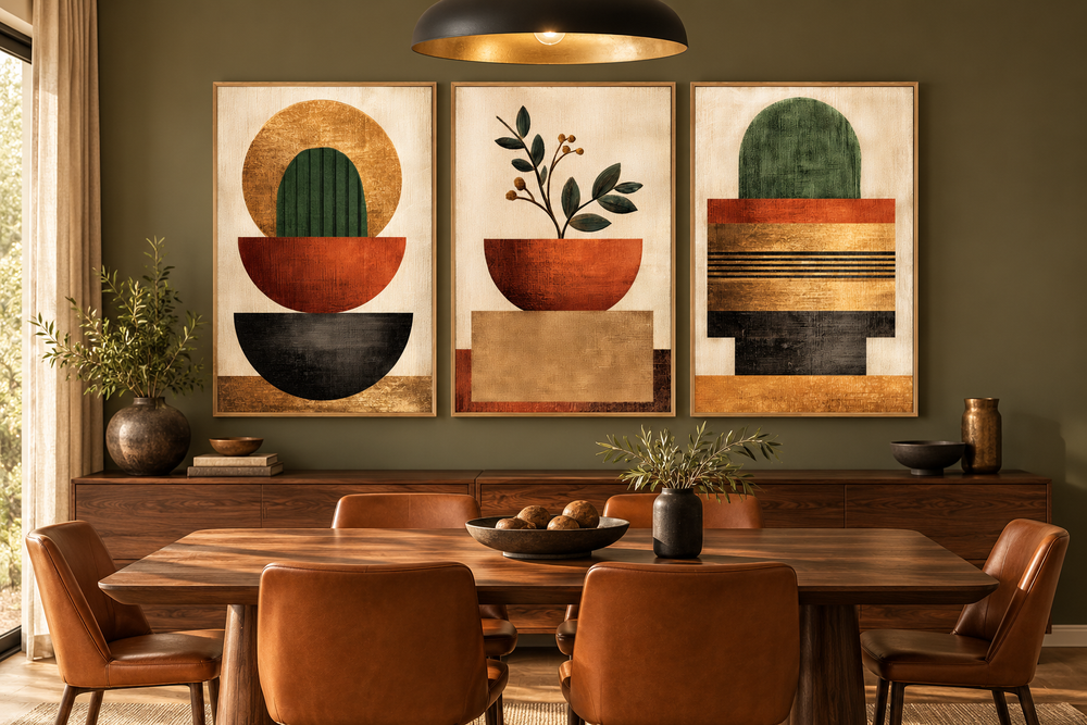 Set of 3 mid-century modern geometric botanical canvas prints in earth tones above a dining table.