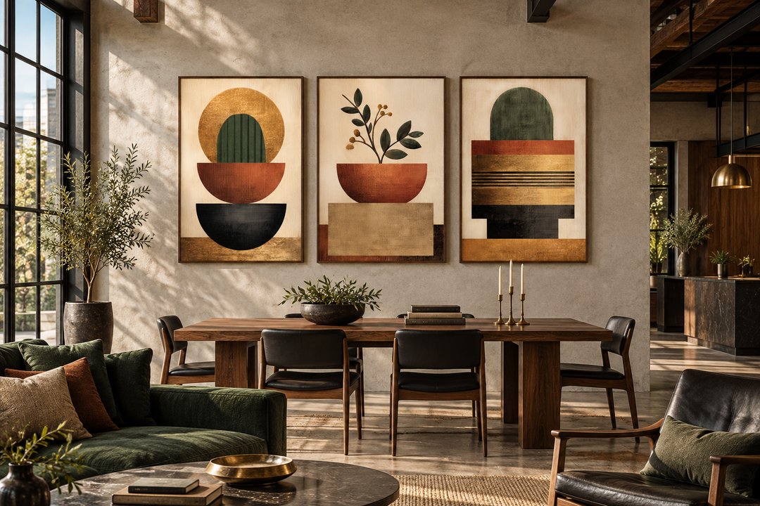 Set of 3 mid-century modern geometric botanical canvas prints in earth tones over a dining table.