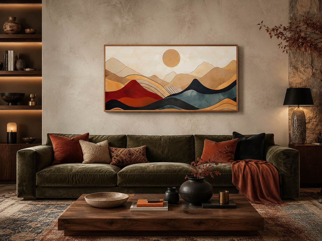 Extra large mid-century modern mountain canvas wall art above a green velvet sofa.