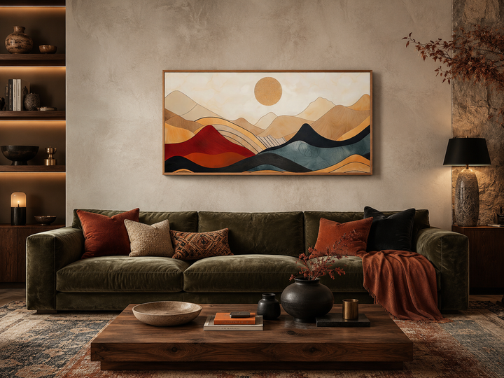 Extra large mid-century modern mountain canvas wall art above a green velvet sofa.