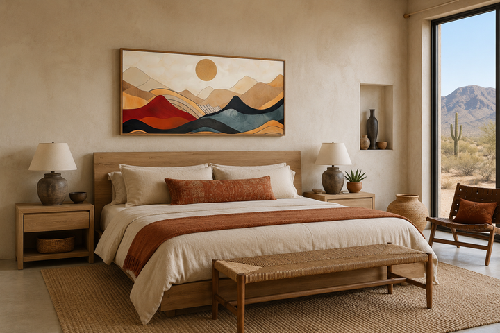 Extra large mid-century modern mountain canvas wall art above a bed in a desert-themed bedroom.