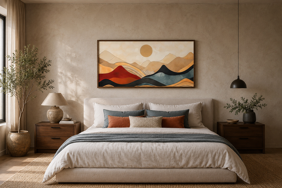 Extra large mid-century modern mountain canvas wall art hanging above a bed in a neutral bedroom.