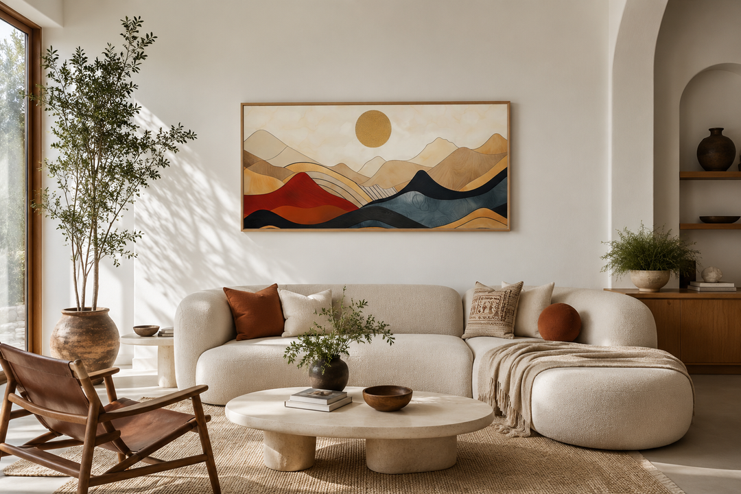 Extra large mid-century modern mountain canvas wall art above a white curved sofa in a living room.