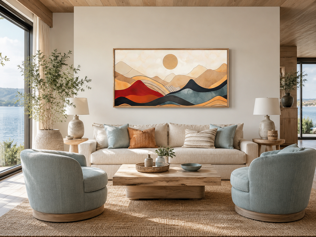 Extra large mid century modern mountain canvas wall art in a wooden frame above a beige sofa.