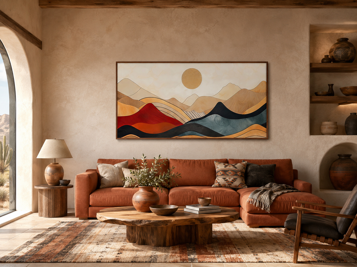 Extra large mid-century modern mountain canvas wall art above a rust-colored sofa in a living room.