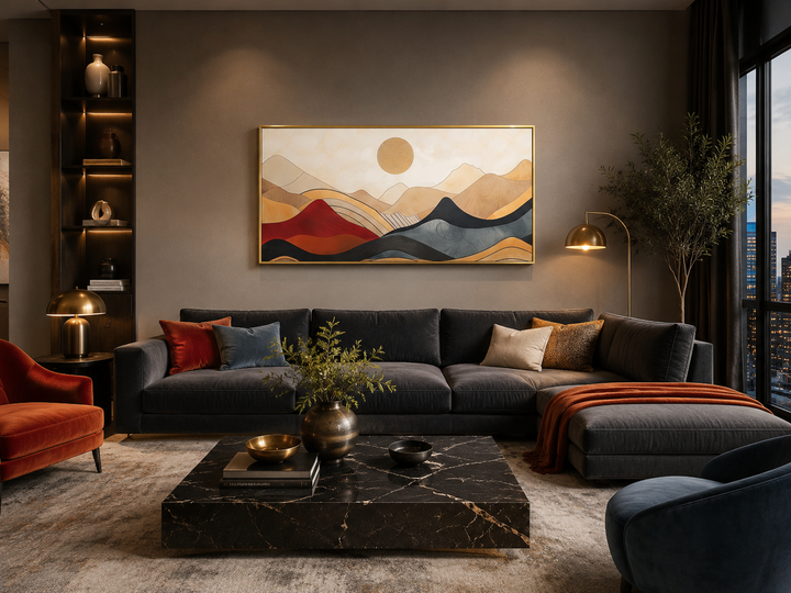 Extra large mid-century modern mountain canvas wall art with abstract peaks in warm and cool tones.