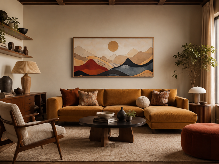 Extra large mid-century modern mountain canvas wall art hanging above a mustard yellow sofa.