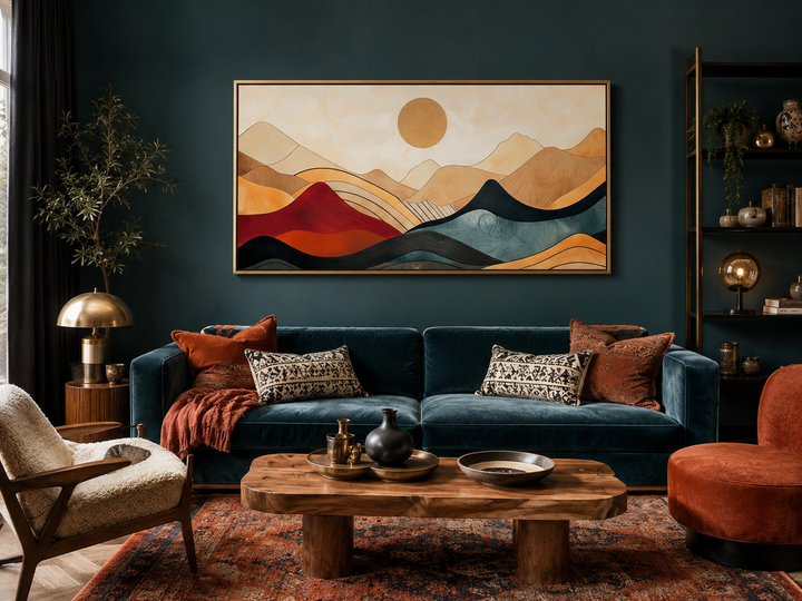 Extra large mid-century modern mountain canvas wall art above a blue velvet sofa in a living room.