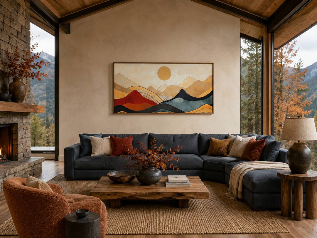 Extra large mid-century modern mountain canvas wall art above a dark blue sectional sofa.