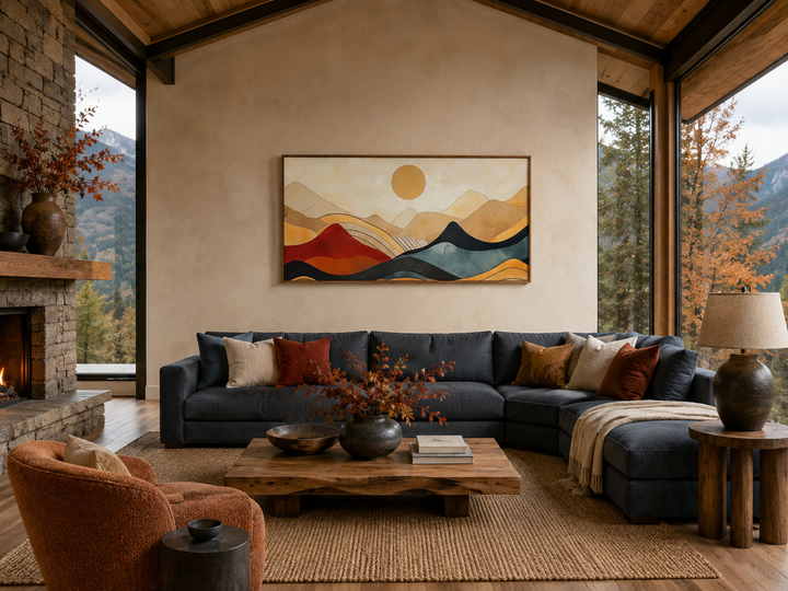 Extra large mid-century modern mountain canvas wall art above a dark blue sectional sofa.