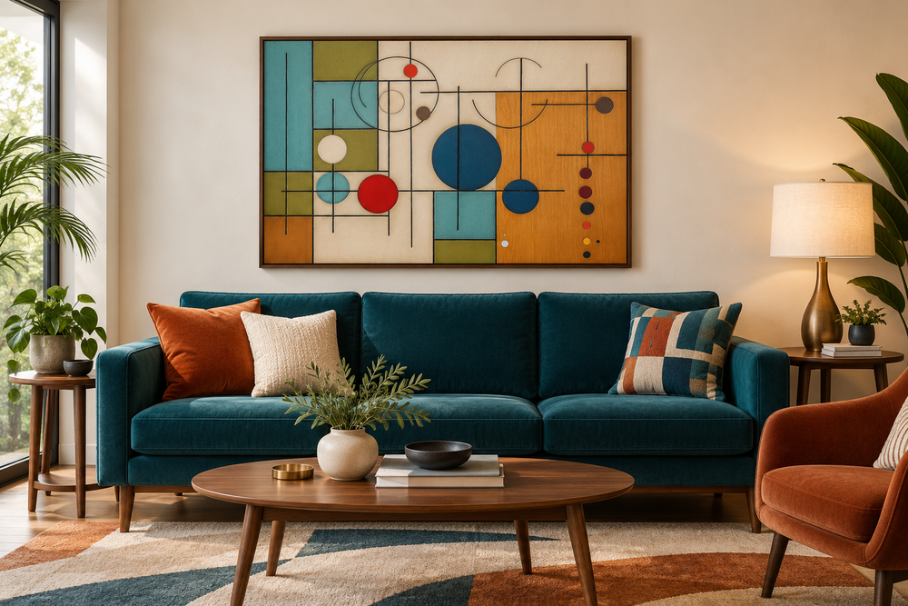 Mid-century modern geometric painting on wood canvas wall art above a teal sofa in a living room.