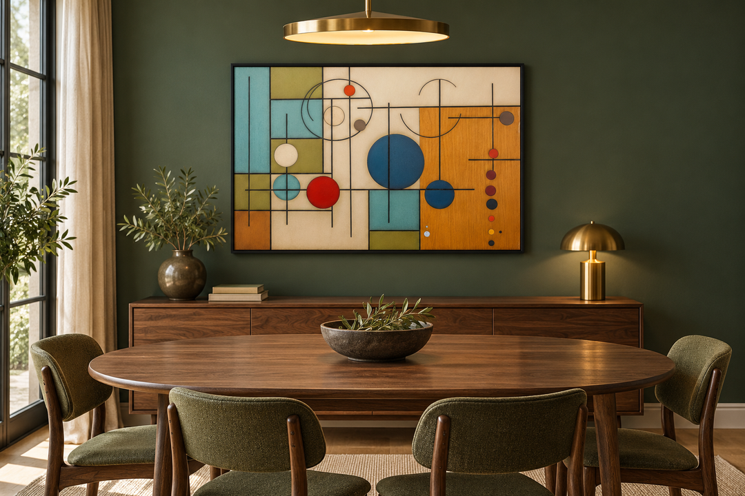 Mid-century modern geometric painting on wood canvas wall art in a dining room setting.