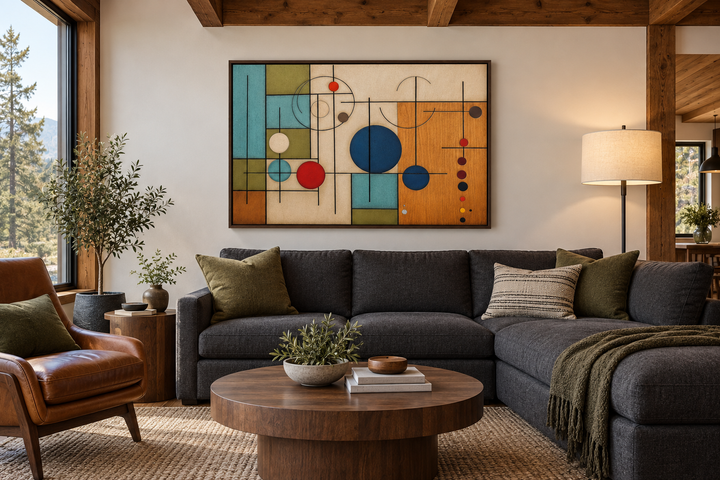 Mid-century modern geometric painting on wood canvas wall art above a dark grey sectional sofa.