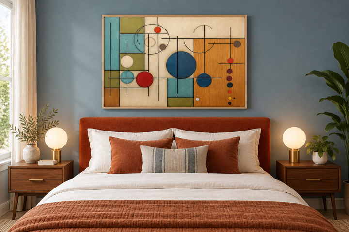 Mid-century modern geometric painting on wood canvas wall art above a bed in a stylish bedroom.