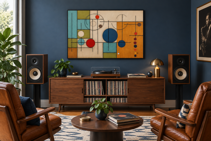 Mid-century modern geometric painting on wood canvas wall art above a record player console.