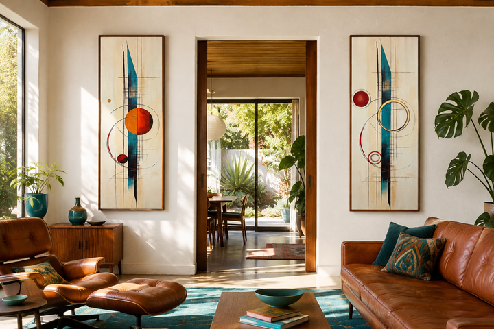 Set of 2 tall narrow canvas prints with mid-century modern abstract geometric shapes in a room.