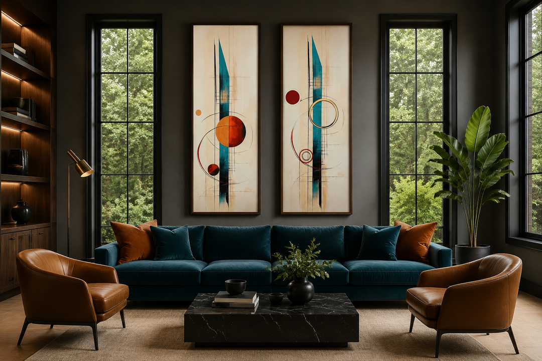 Set of 2 tall narrow canvas prints with mid-century modern abstract geometric shapes in a room.
