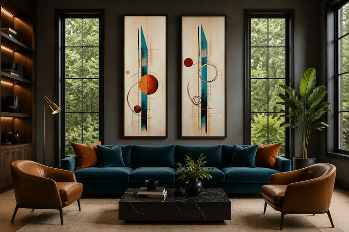 Set of 2 tall narrow canvas prints with mid-century modern abstract geometric shapes in a room.