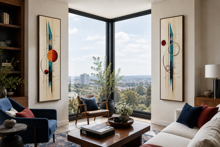 Set of 2 tall narrow canvas prints with mid-century modern geometric shapes in teal and orange.