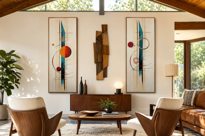 Set of 2 tall narrow canvas prints with mid-century modern abstract geometric shapes in teal and red.