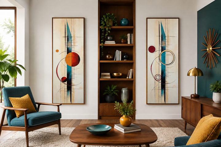 Set of 2 tall narrow canvas prints with mid-century modern geometric abstract designs in a room.