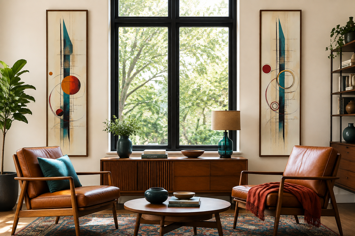 Set of 2 tall narrow canvas wall art with mid-century modern geometric shapes in teal and orange.