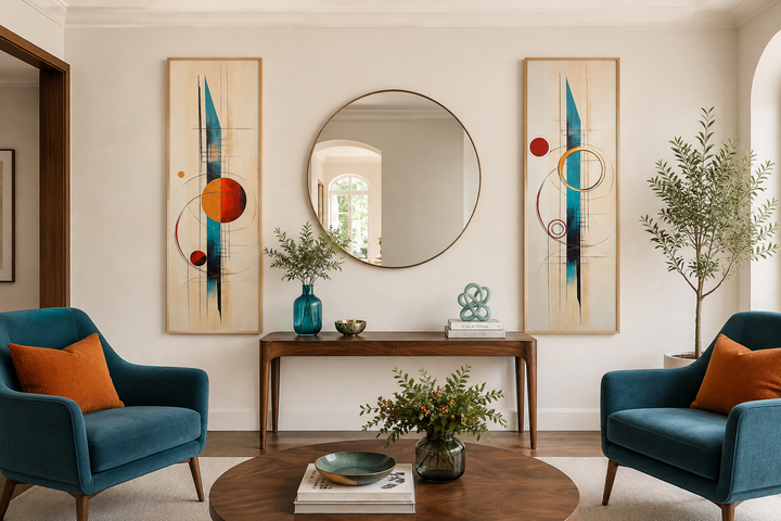 Set of 2 tall narrow mid-century modern canvas prints with teal and orange geometric shapes.