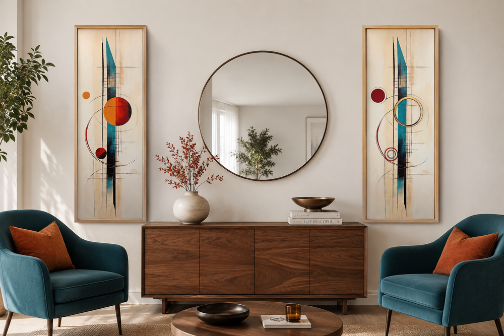 Set of 2 tall narrow canvas prints with mid-century modern abstract geometric shapes in a room.