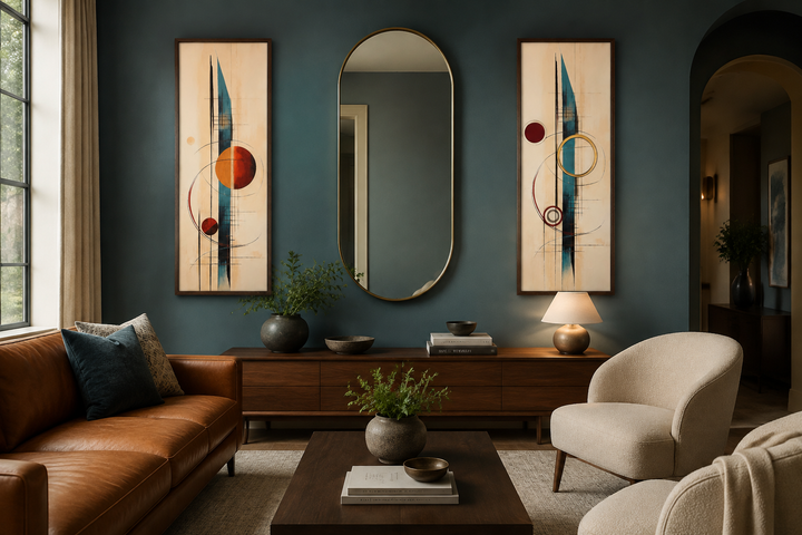 Set of 2 tall narrow canvas wall art with mid-century modern geometric shapes in teal and orange.