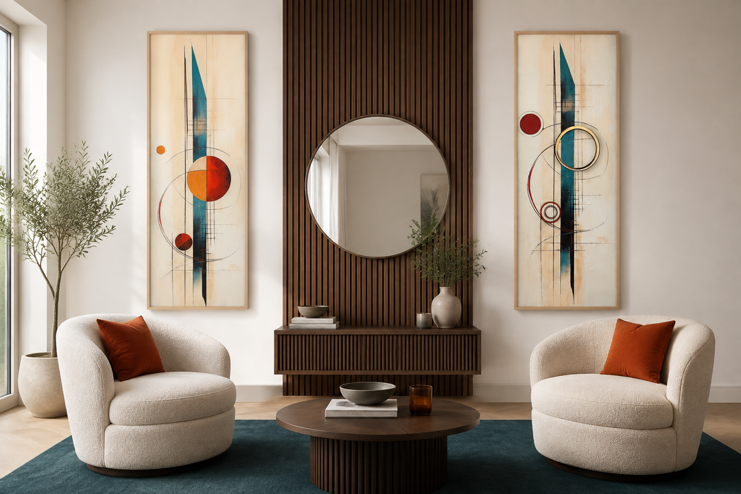 Set of 2 tall narrow canvas prints with mid-century modern geometric shapes in teal and orange.