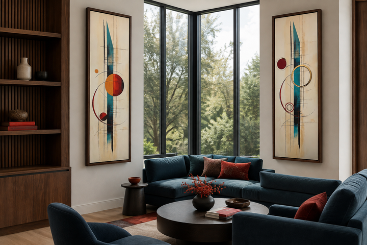 Set of two tall narrow canvas prints with mid-century modern geometric shapes in teal and orange.