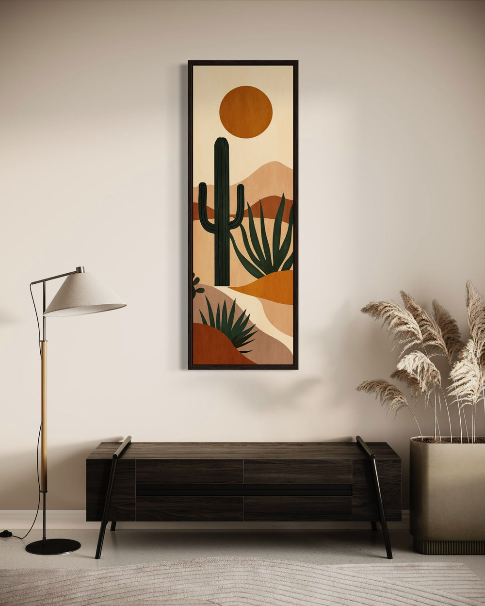 Midcentury Modern Desert Cactus Tall Narrow Vertical Wall Art in living room