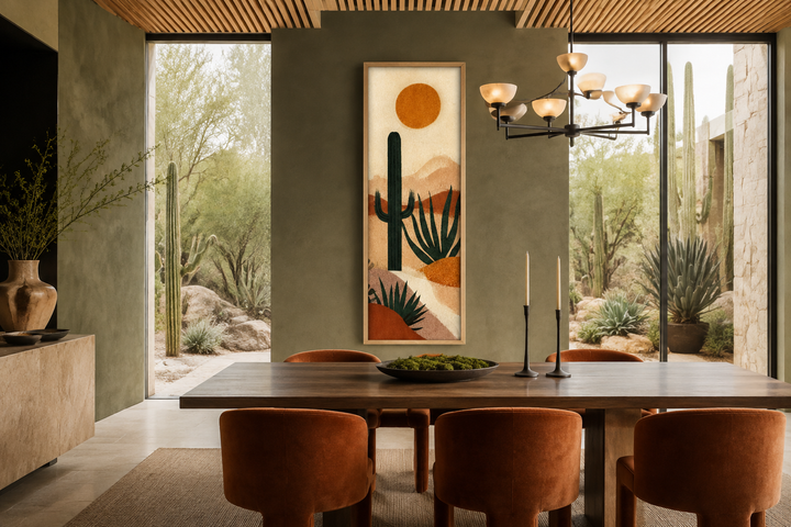Midcentury modern tall narrow vertical wall art featuring a desert cactus and sun in a dining room.