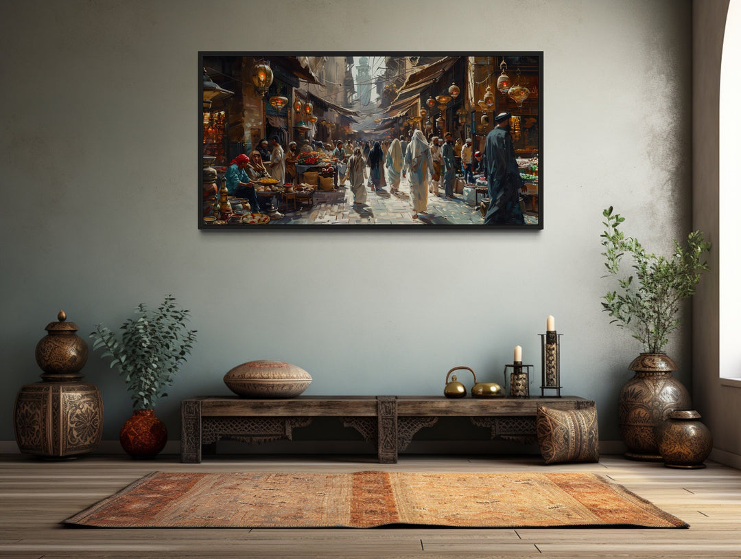 Middle Eastern fruit bazaar framed canvas wall art in a rustic living room setting.