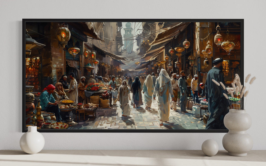 Middle Eastern fruit bazaar framed canvas wall art featuring a vibrant, bustling market scene.