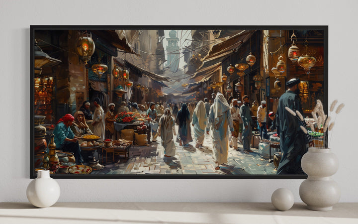 Middle Eastern fruit bazaar framed canvas wall art featuring a vibrant, bustling market scene.