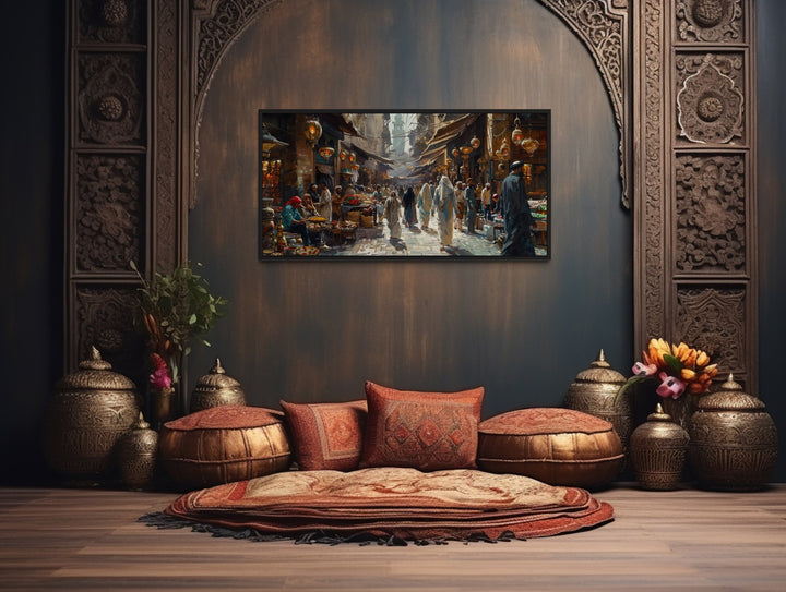 Middle Eastern Fruit Bazaar Framed Canvas Wall Art – Vibrant Market Scene Decor
