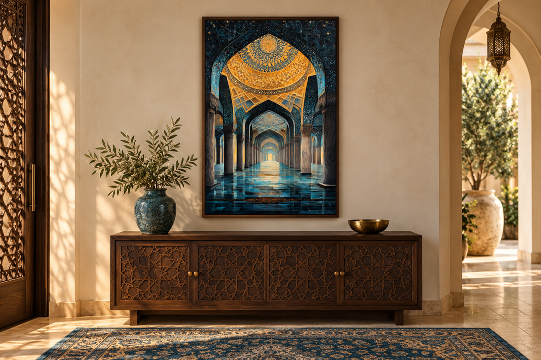 Middle Eastern Mosque Framed Canvas Wall Art with blue and gold arches above a wooden console.