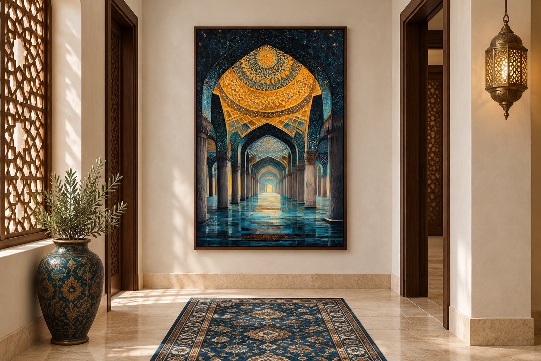 Middle Eastern mosque framed canvas wall art in a hallway with a blue rug and ornate vase.