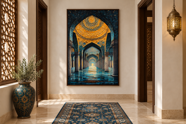 Middle Eastern mosque framed canvas wall art in a hallway with a blue rug and ornate vase.
