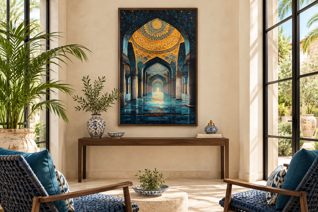 Middle Eastern Mosque Framed Canvas Wall Art in a walnut frame above a wooden console table.