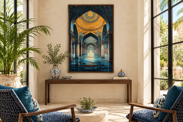 Middle Eastern Mosque Framed Canvas Wall Art in a walnut frame above a wooden console table.