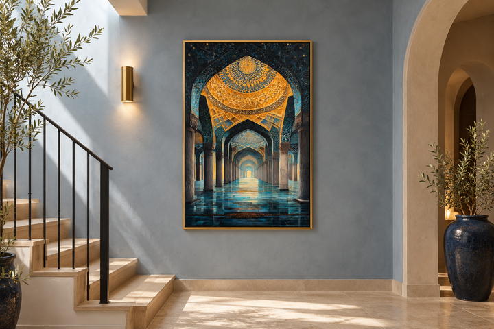 Middle Eastern mosque framed canvas wall art in blue and gold hanging on a gray wall by a staircase.